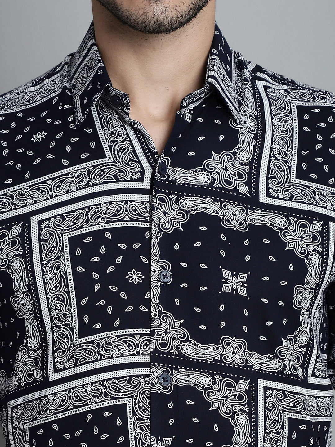 Jainish Men's Paisley Printed Formal Shirts - Navy Blue