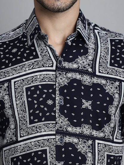 Jainish Men's Paisley Printed Formal Shirts - Navy Blue