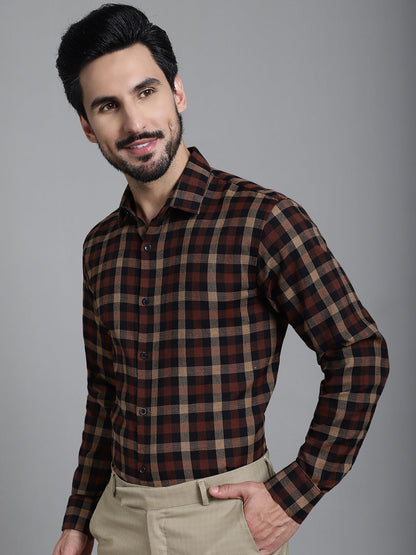 Indian Needle Men's Checked Formal Shirt - Brown