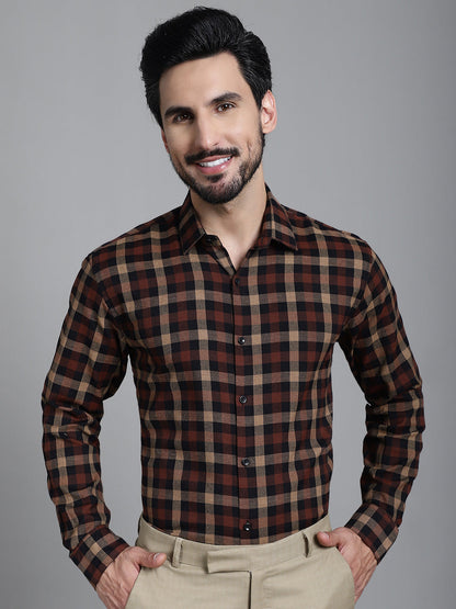 Indian Needle Men's Checked Formal Shirt - Brown