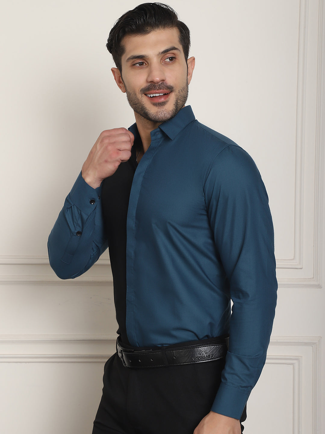 Indian Needle Men's Premium Cotton Satin Formal Shirt - Peacock