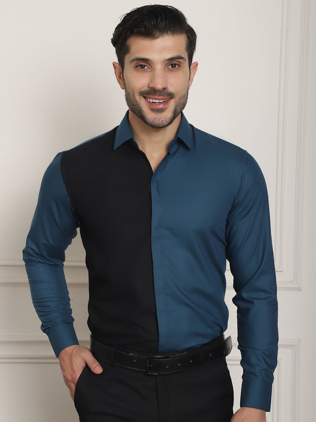 Indian Needle Men's Premium Cotton Satin Formal Shirt - Peacock
