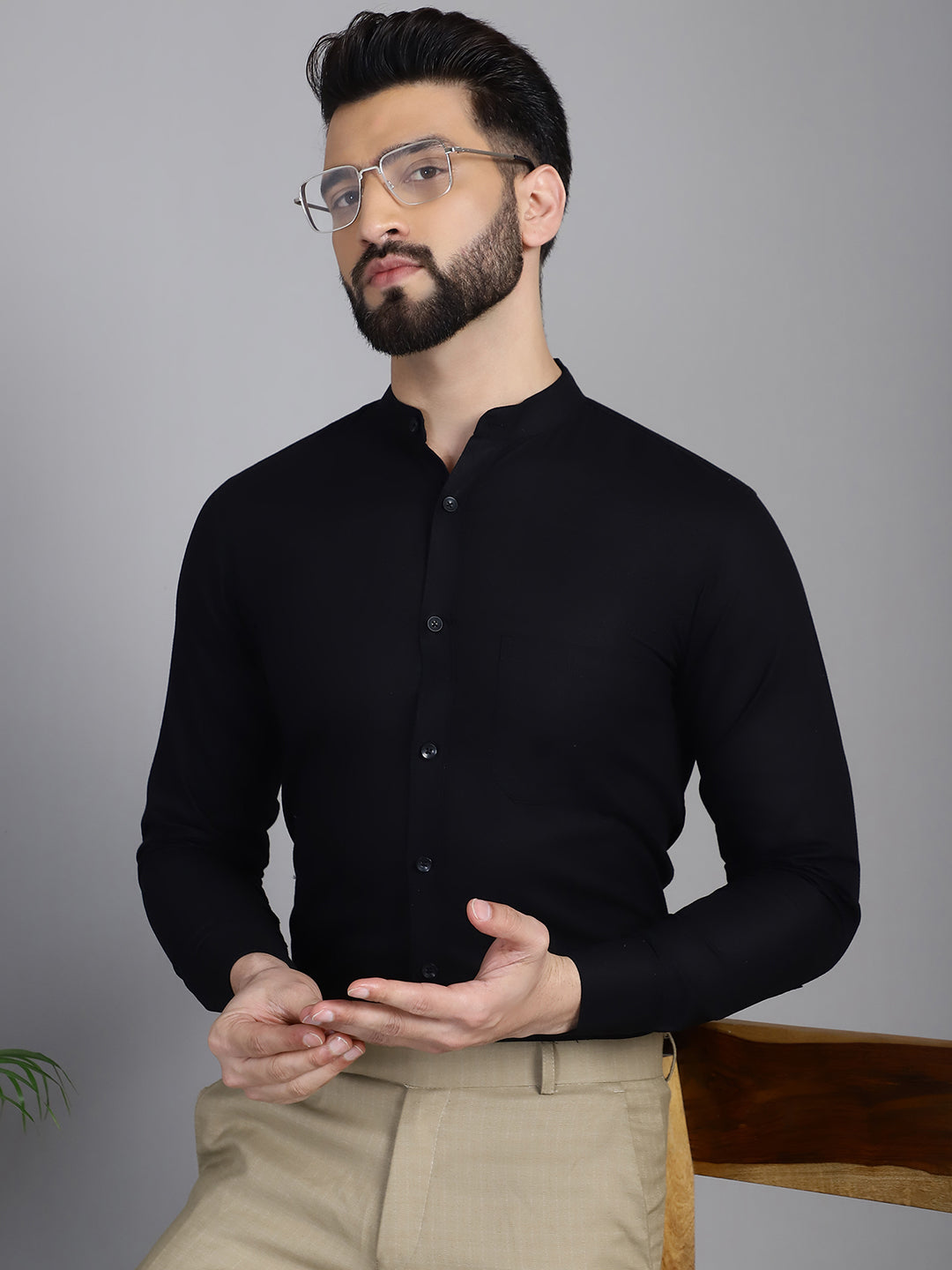 Indian Needle Men's Cotton Solid Formal Shirt - Black