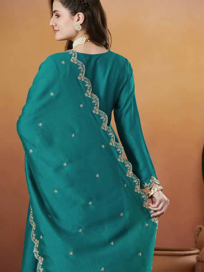 The52 Rama Women's Beautiful Vichitra Silk Fabric Embroidered Work Flared Anarkali Pant and Dupatta Set