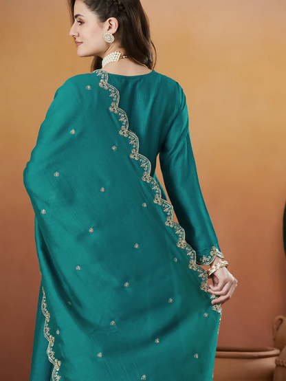 The52 Rama Women's Beautiful Vichitra Silk Fabric Embroidered Work Flared Anarkali Pant and Dupatta Set