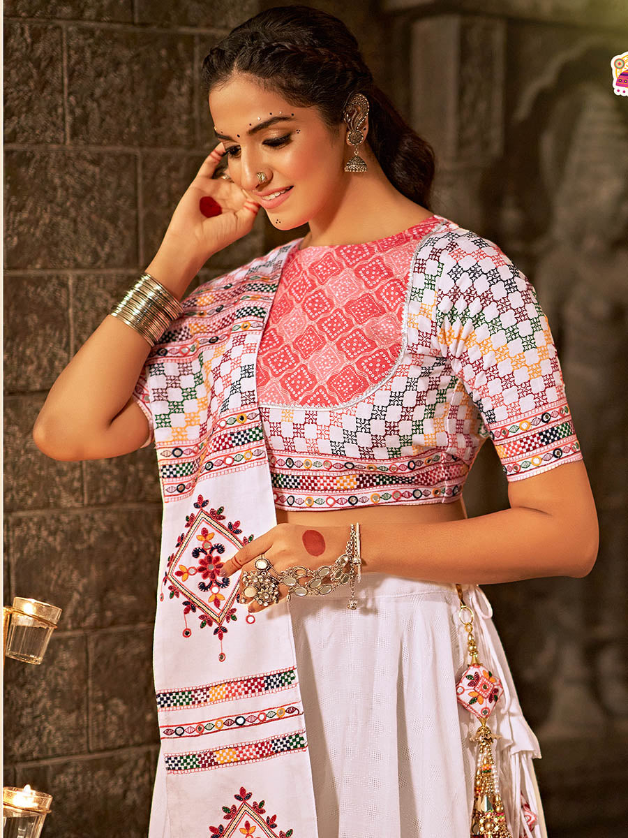 Myra White and Pink Jaquard Cotton Embroidered Designer Lehenga