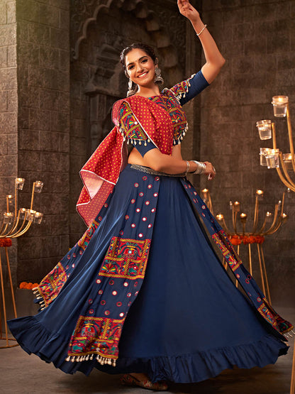 Myra Blue Viscose Rayon Embroidered Designer Navratri Special Lehenga