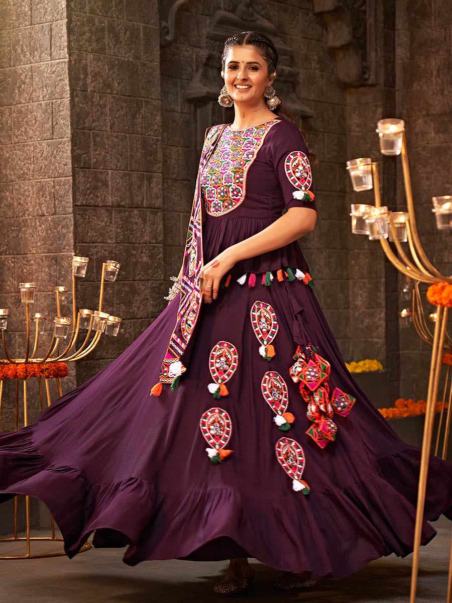 Myra Purple Viscose Rayon Embroidered Designer Navratri Special Lehenga