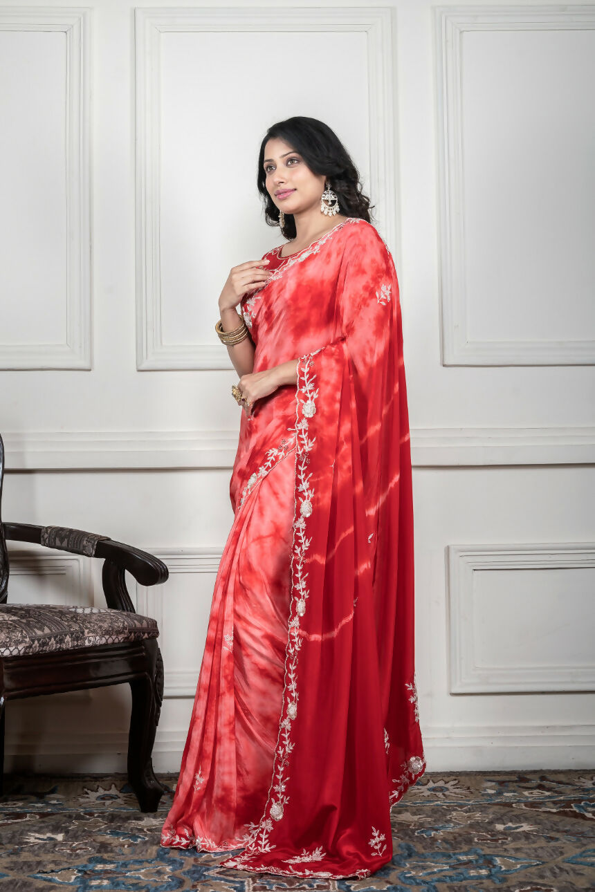 Morchari Red Crepe Hand Embroidery Saree And Stitched Blouse