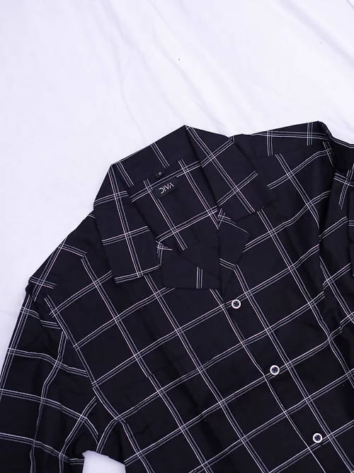 Diva Globe Cotton Black Checkard Lapel Collar Shirt