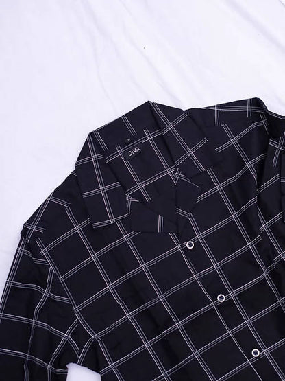 Diva Globe Cotton Black Checkard Lapel Collar Shirt
