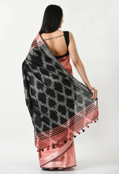 Mominos Fashion Moeza Gajari & Black Bhagalpuri Handloom Ikat Pure Cotton Saree with unstitched Blouse piece
