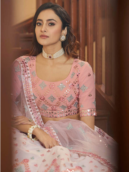Myra Pearl White and Pink Georgette Embroidered Party Wear Lehenga