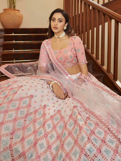 Myra Pearl White and Pink Georgette Embroidered Party Wear Lehenga