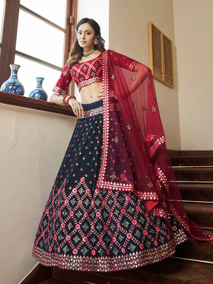 Myra Teal Blue and Maroon Georgette Embroidered Party Wear Lehenga