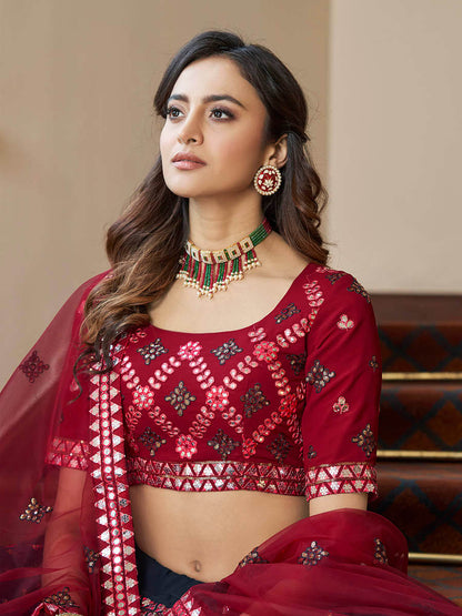 Myra Teal Blue and Maroon Georgette Embroidered Party Wear Lehenga