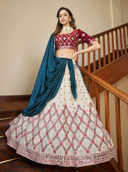 Myra Maroon and Beige Georgette Embroidered Party Wear Lehenga