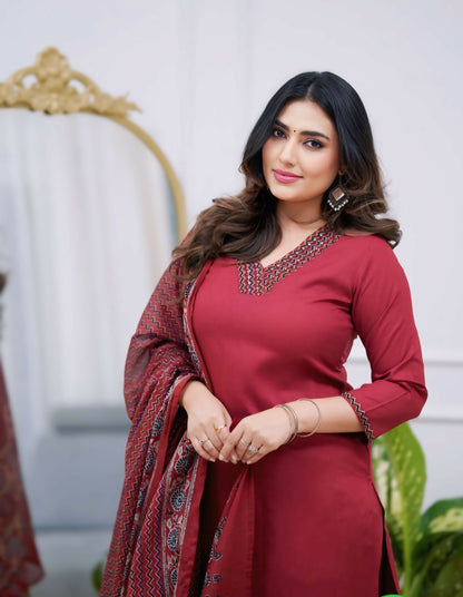 The52 Maroon Women's Gorgeous Parampara Fabric Embroidered Work Straight Kurta Pant and Dupatta Set