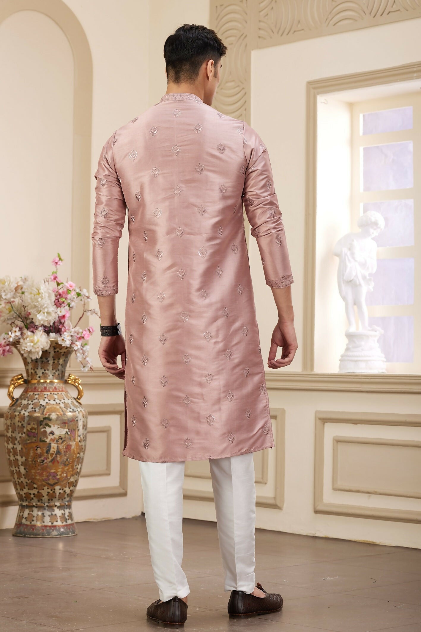 Raivat Ethnic Men's Art Silk Thread Work Kurta Pyjama In Cream Beige Colour