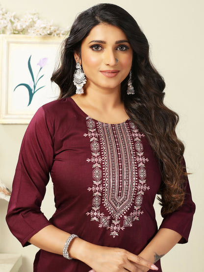 Vamika Chinon Embroidery Mahroon Party Wear/Casual Wear/Office Wear Kurta Set/Suit