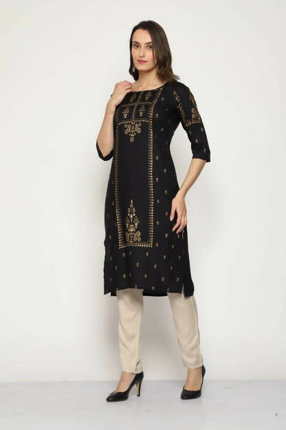 Maai Rayon Hand Printed Kurta Black