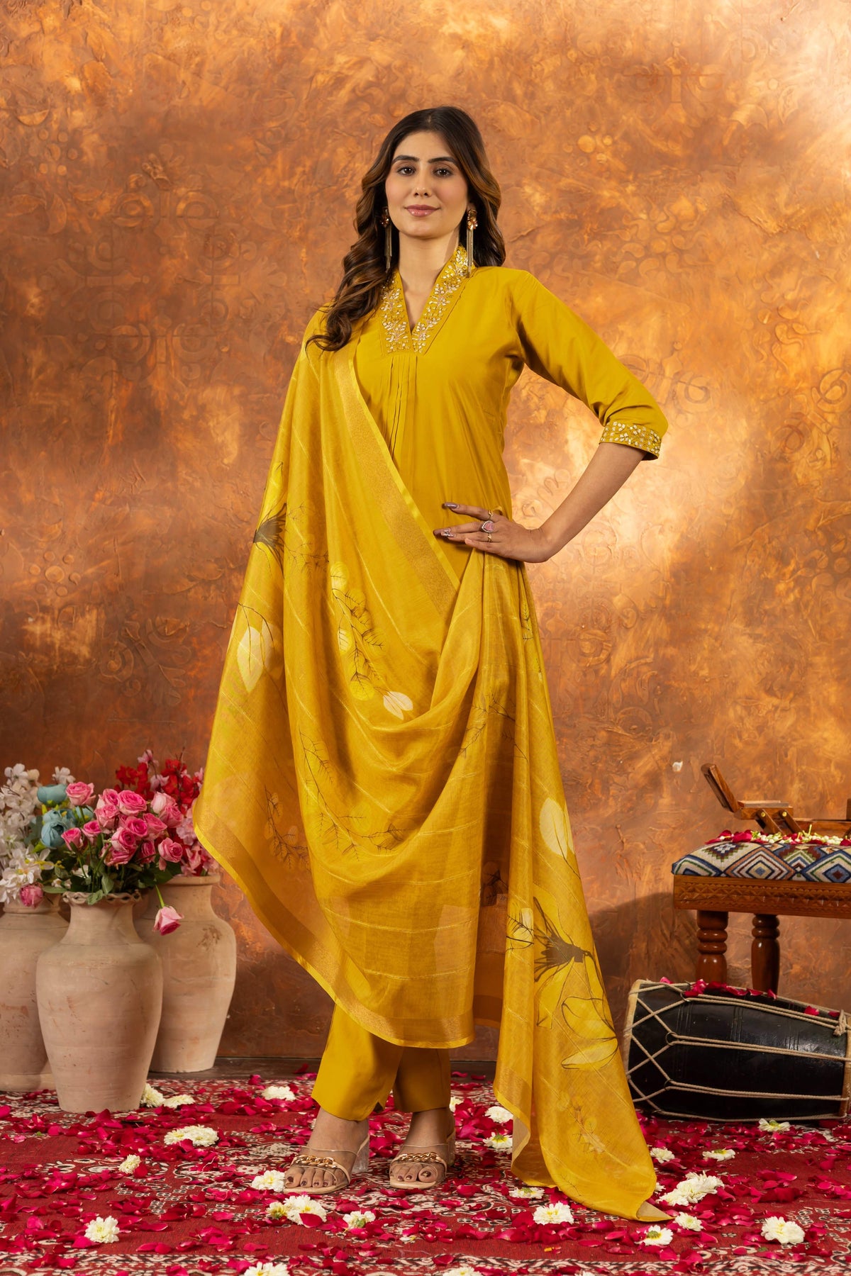 Sonakshi Women's Yellow Roman Silk Multi Embroidered Sequins With Hand Work Kurta Set With Dupatta