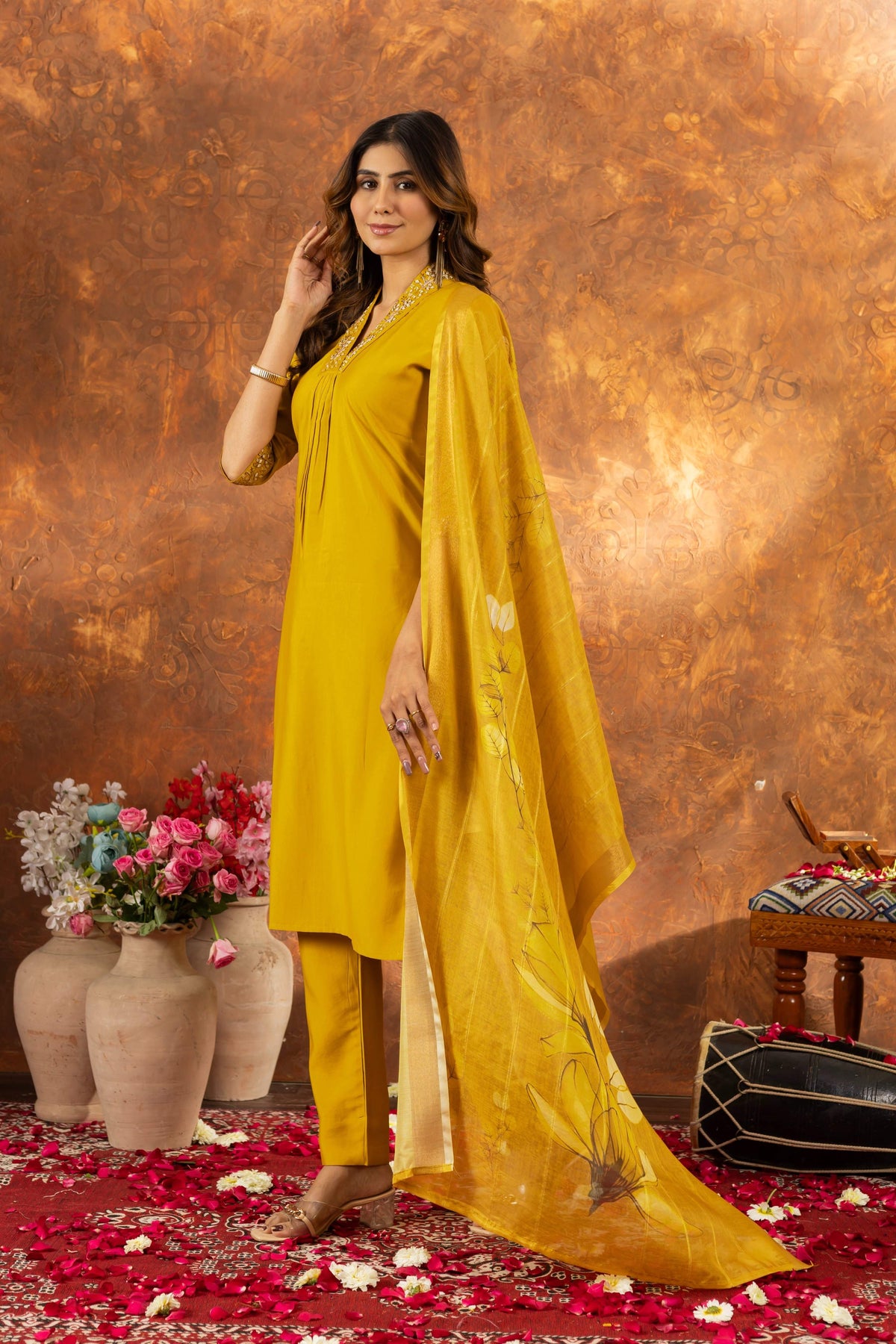 Sonakshi Women's Yellow Roman Silk Multi Embroidered Sequins With Hand Work Kurta Set With Dupatta