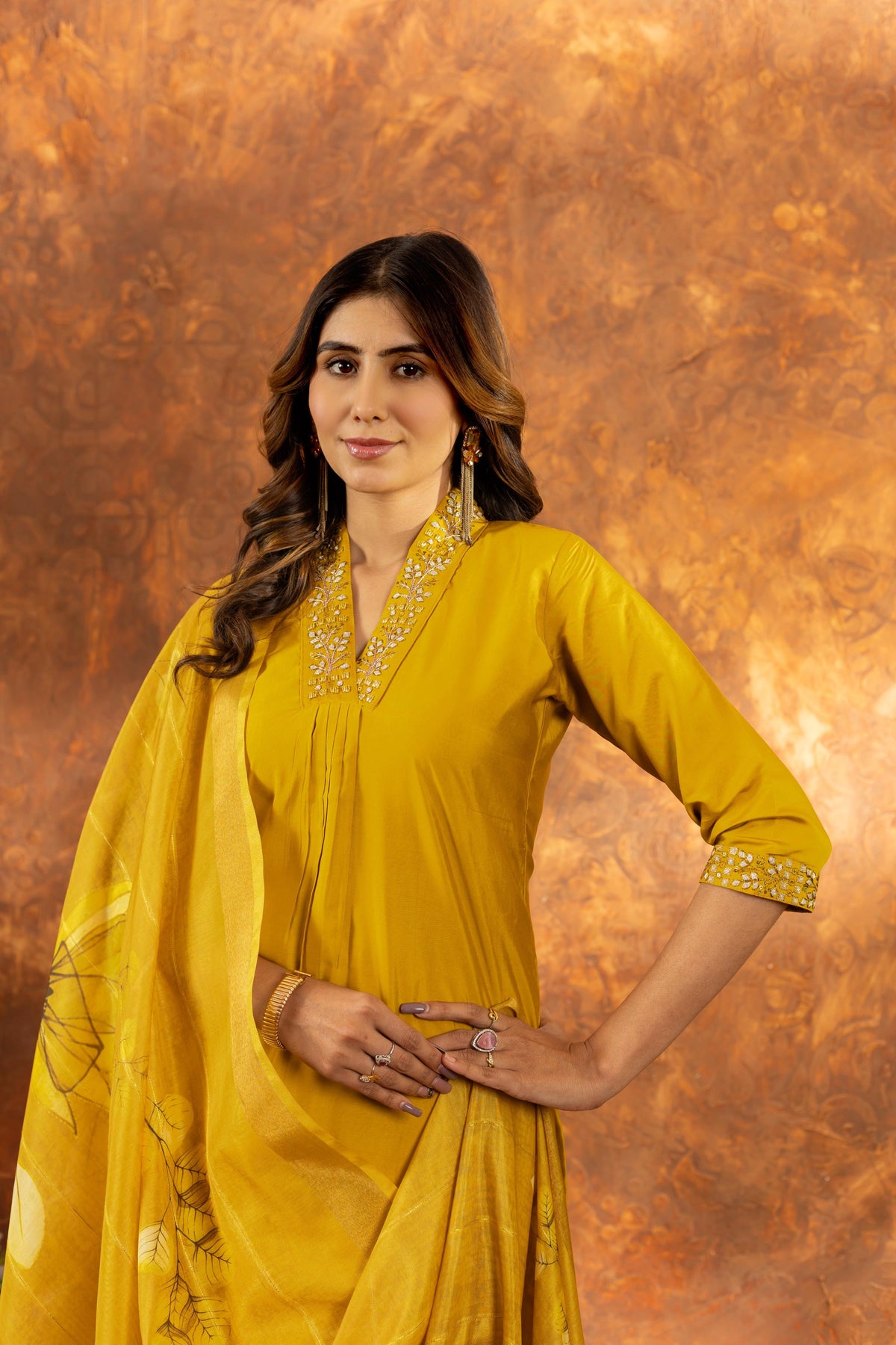 Sonakshi Women's Yellow Roman Silk Multi Embroidered Sequins With Hand Work Kurta Set With Dupatta