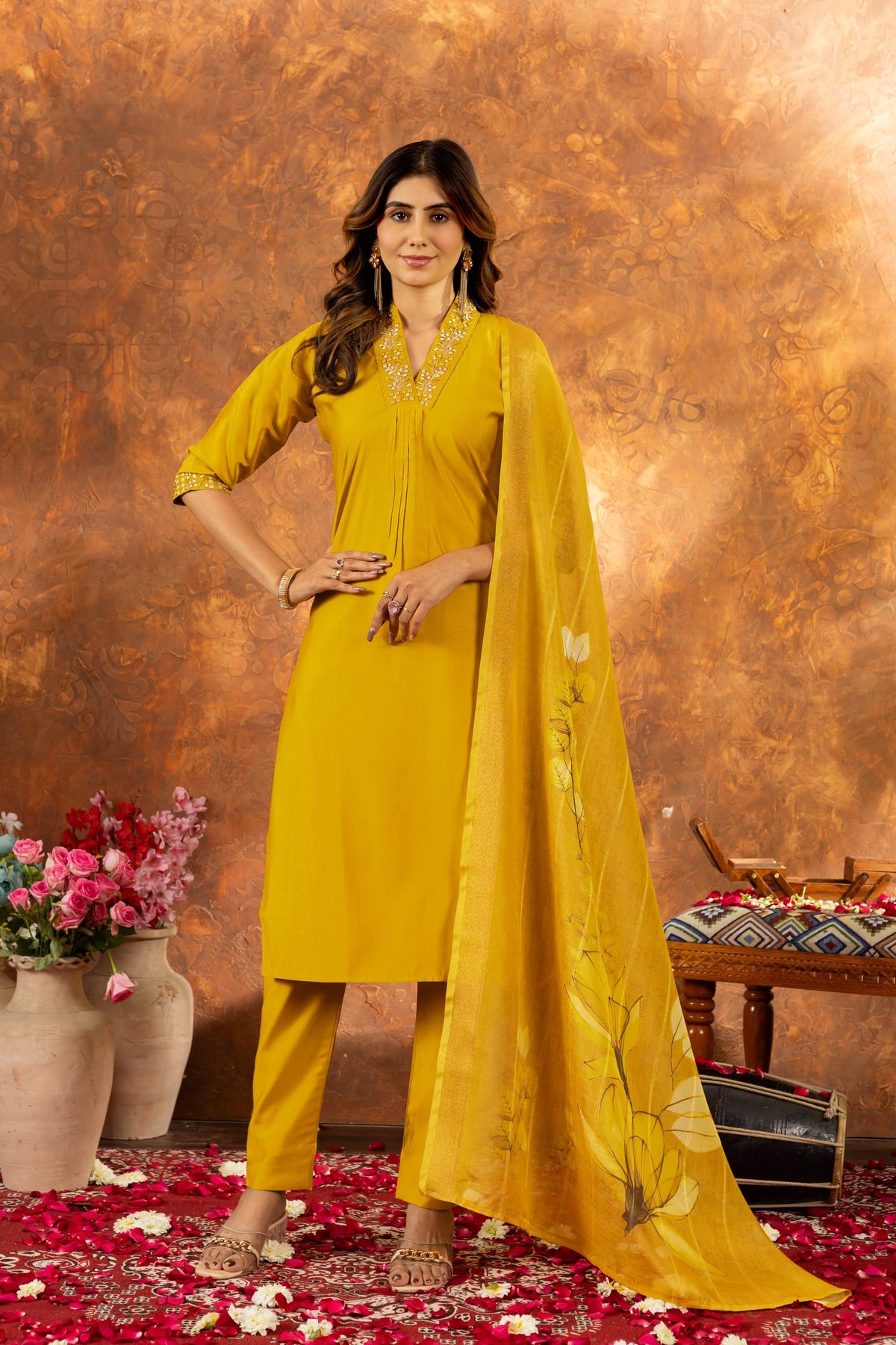 Sonakshi Women's Yellow Roman Silk Multi Embroidered Sequins With Hand Work Kurta Set With Dupatta