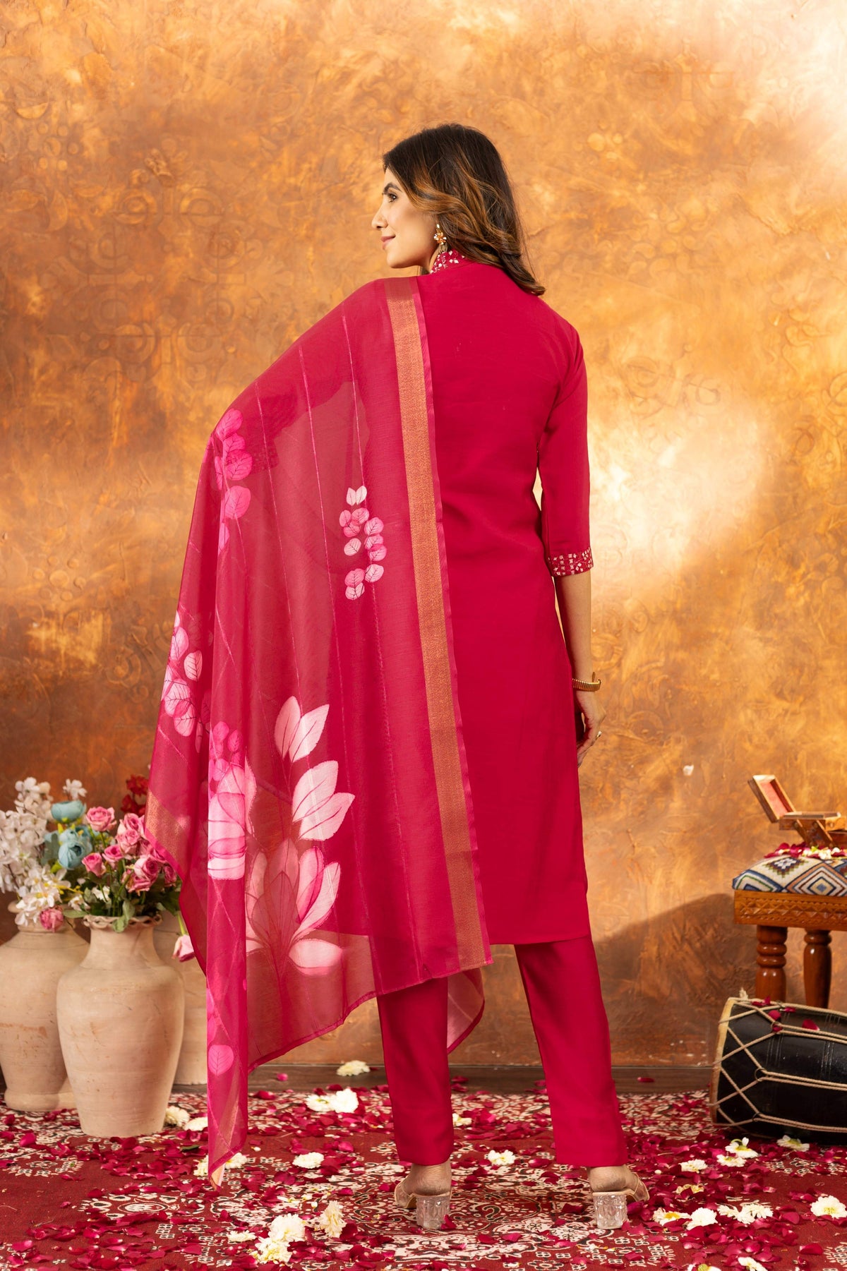 Sonakshi Women's Pink Roman Silk Multi Embroidered Sequins With Hand Work Kurta Set With Dupatta
