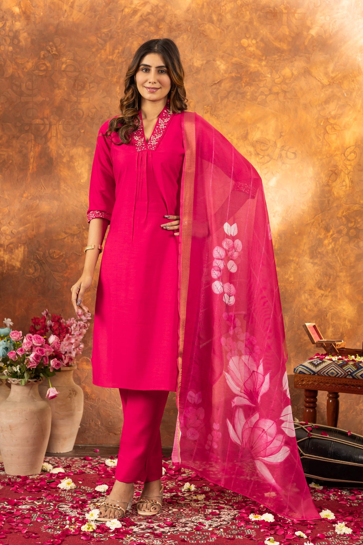 Sonakshi Women's Pink Roman Silk Multi Embroidered Sequins With Hand Work Kurta Set With Dupatta