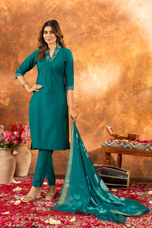 Sonakshi Women's Rama Roman Silk Multi Embroidered Sequins With Hand Work Kurta Set With Dupatta