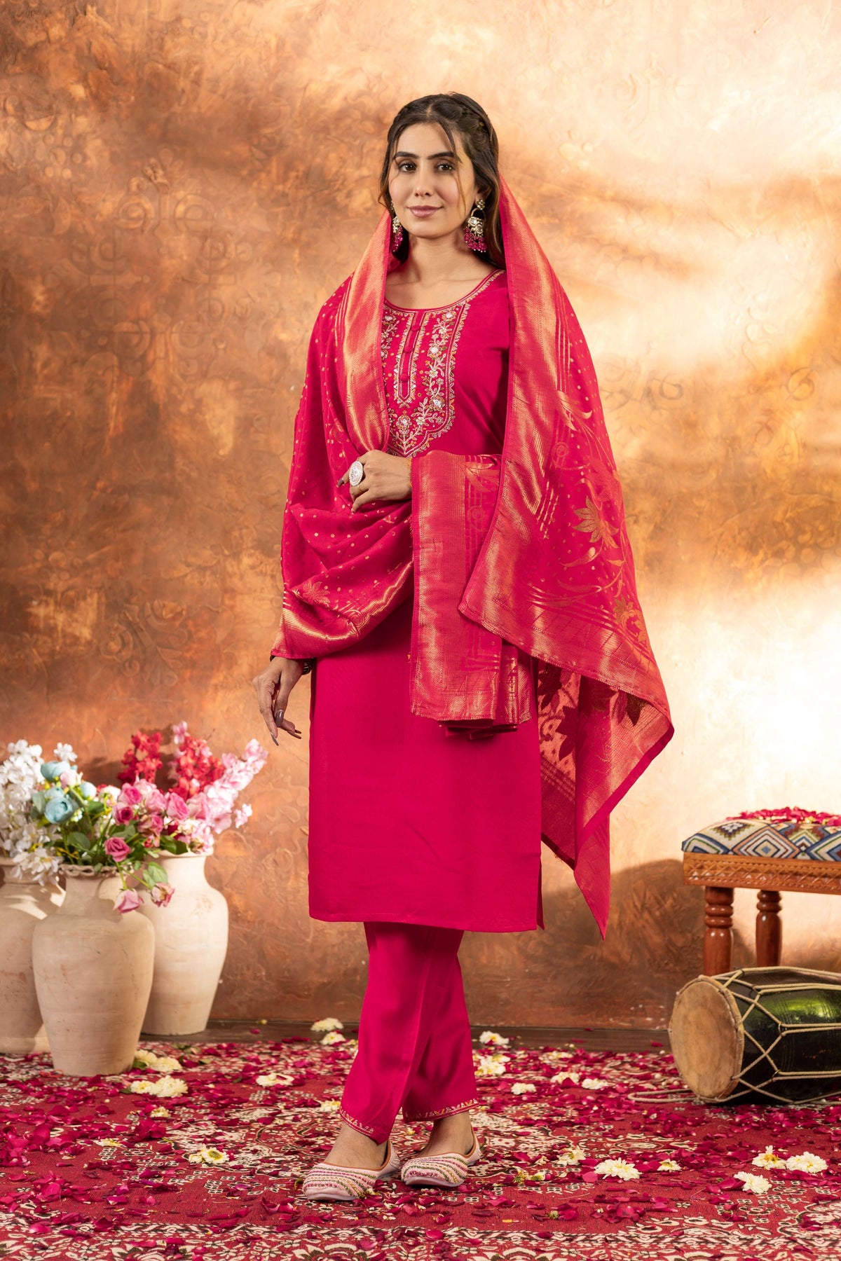 Sonakshi Women's Pink Roman Silk Multi Embroidered Sequins With Hand Work Kurta Set With Dupatta