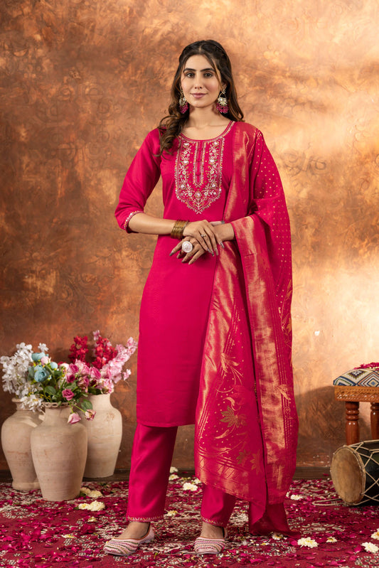 Sonakshi Women's Pink Roman Silk Multi Embroidered Sequins With Hand Work Kurta Set With Dupatta