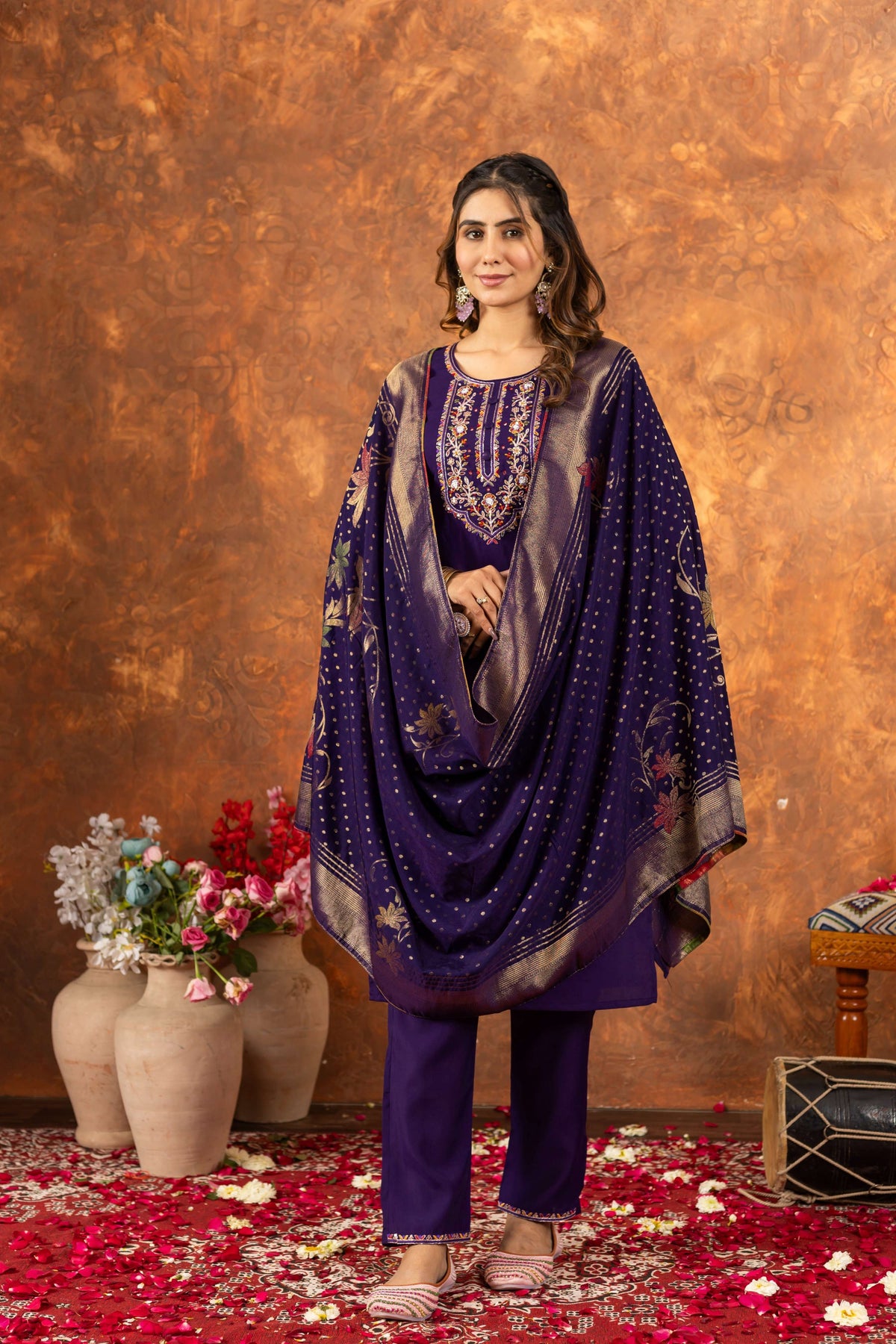 Sonakshi Women's Purple Roman Silk Multi Embroidered Sequins With Hand Work Kurta Set With Dupatta