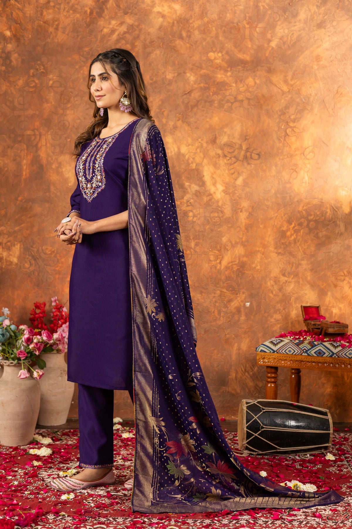 Sonakshi Women's Purple Roman Silk Multi Embroidered Sequins With Hand Work Kurta Set With Dupatta