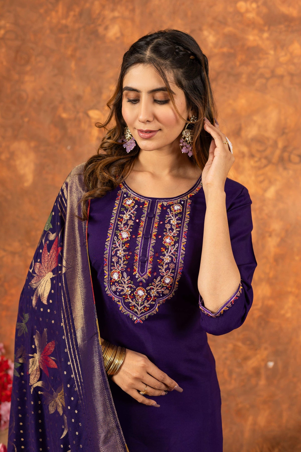 Sonakshi Women's Purple Roman Silk Multi Embroidered Sequins With Hand Work Kurta Set With Dupatta