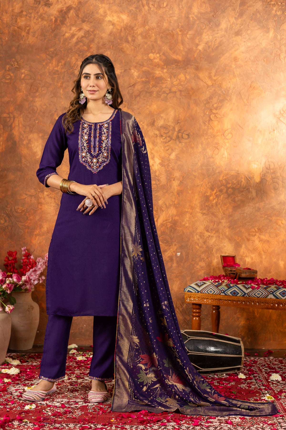 Sonakshi Women's Purple Roman Silk Multi Embroidered Sequins With Hand Work Kurta Set With Dupatta