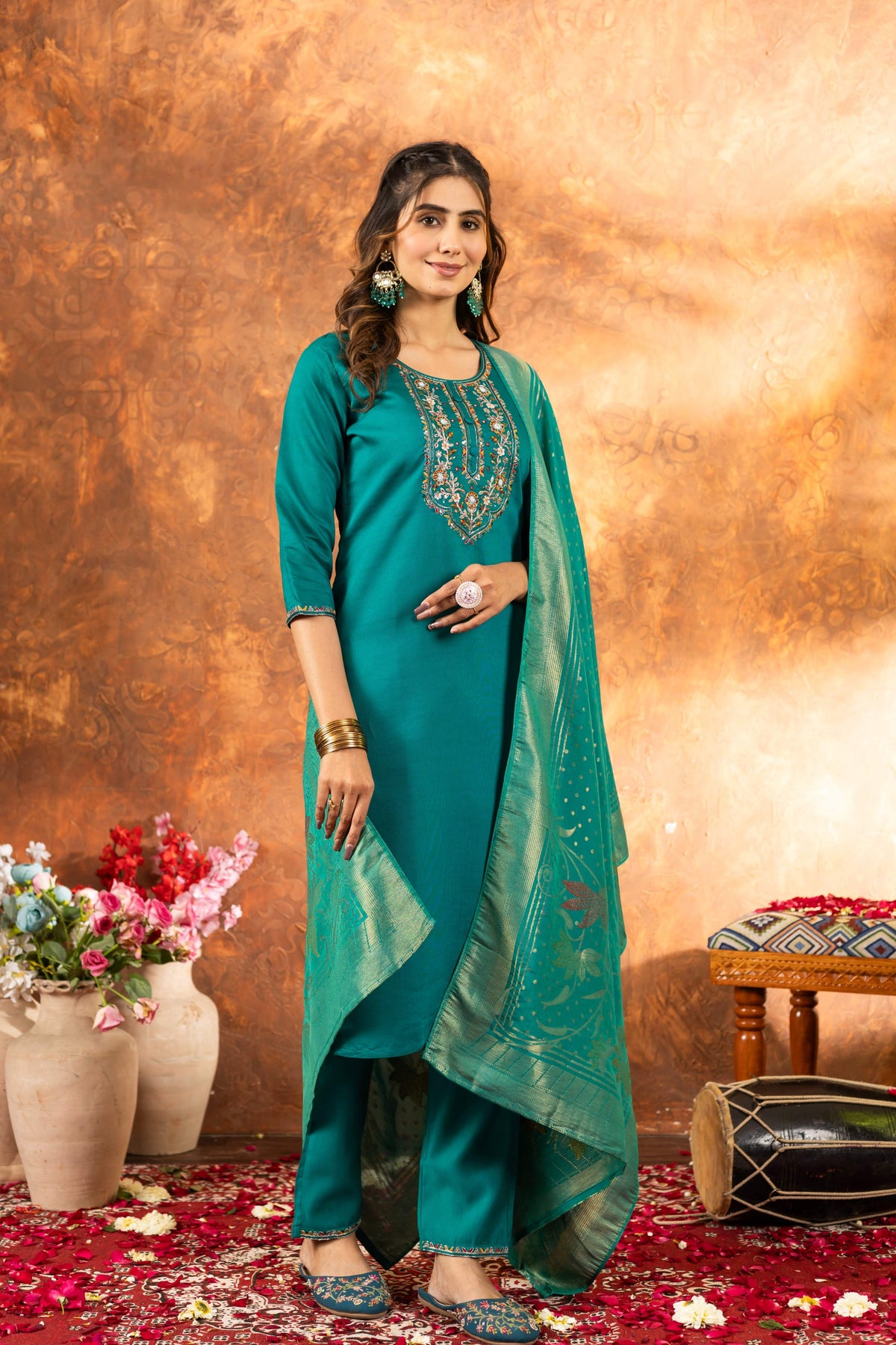 Sonakshi Women's Teal Roman Silk Multi Embroidered Sequins With Hand Work Kurta Set With Dupatta