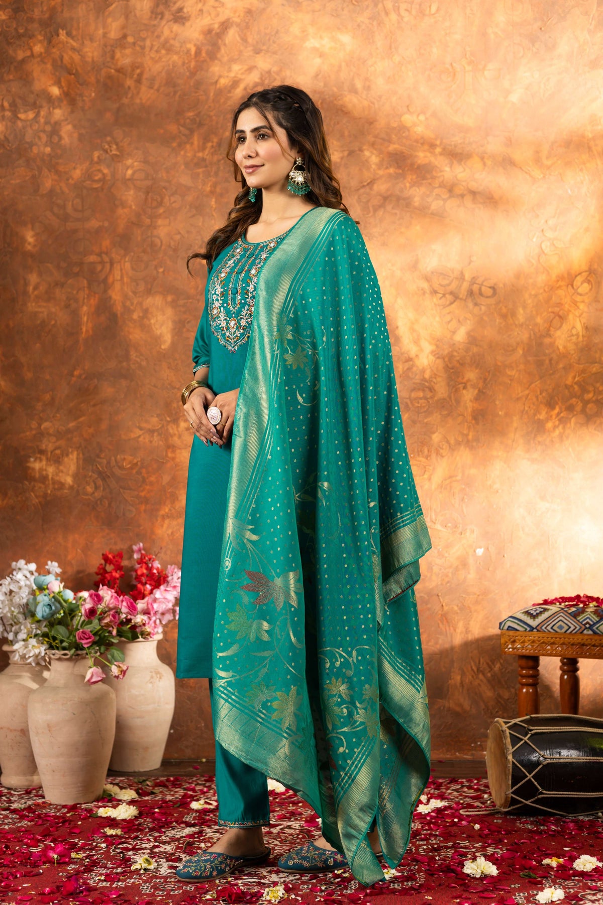 Sonakshi Women's Teal Roman Silk Multi Embroidered Sequins With Hand Work Kurta Set With Dupatta