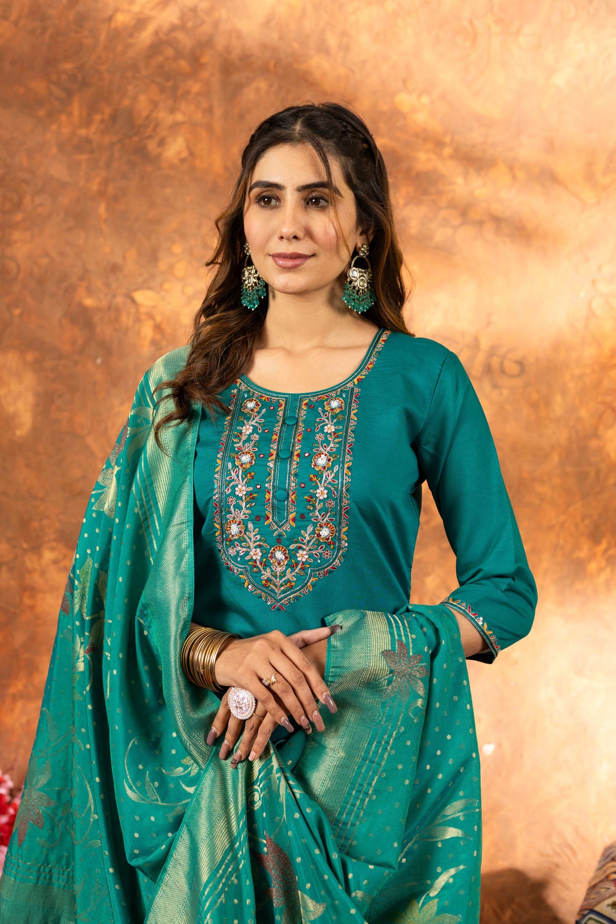 Sonakshi Women's Teal Roman Silk Multi Embroidered Sequins With Hand Work Kurta Set With Dupatta
