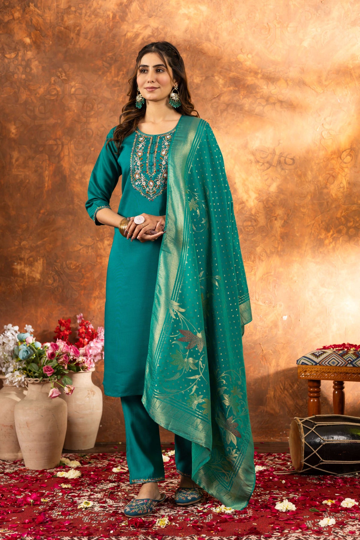 Sonakshi Women's Teal Roman Silk Multi Embroidered Sequins With Hand Work Kurta Set With Dupatta