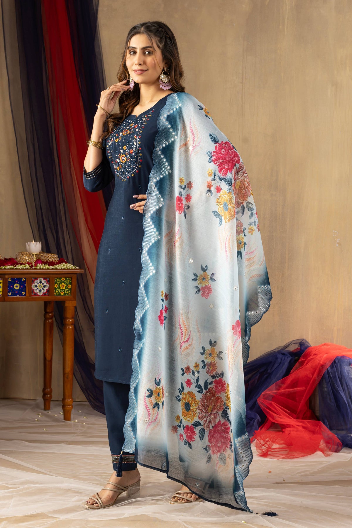 Sonakshi Women's Navy Blue Viscose Mango Silk Multi Embroidered Sequins With Hand Work Kurta Set With Dupatta