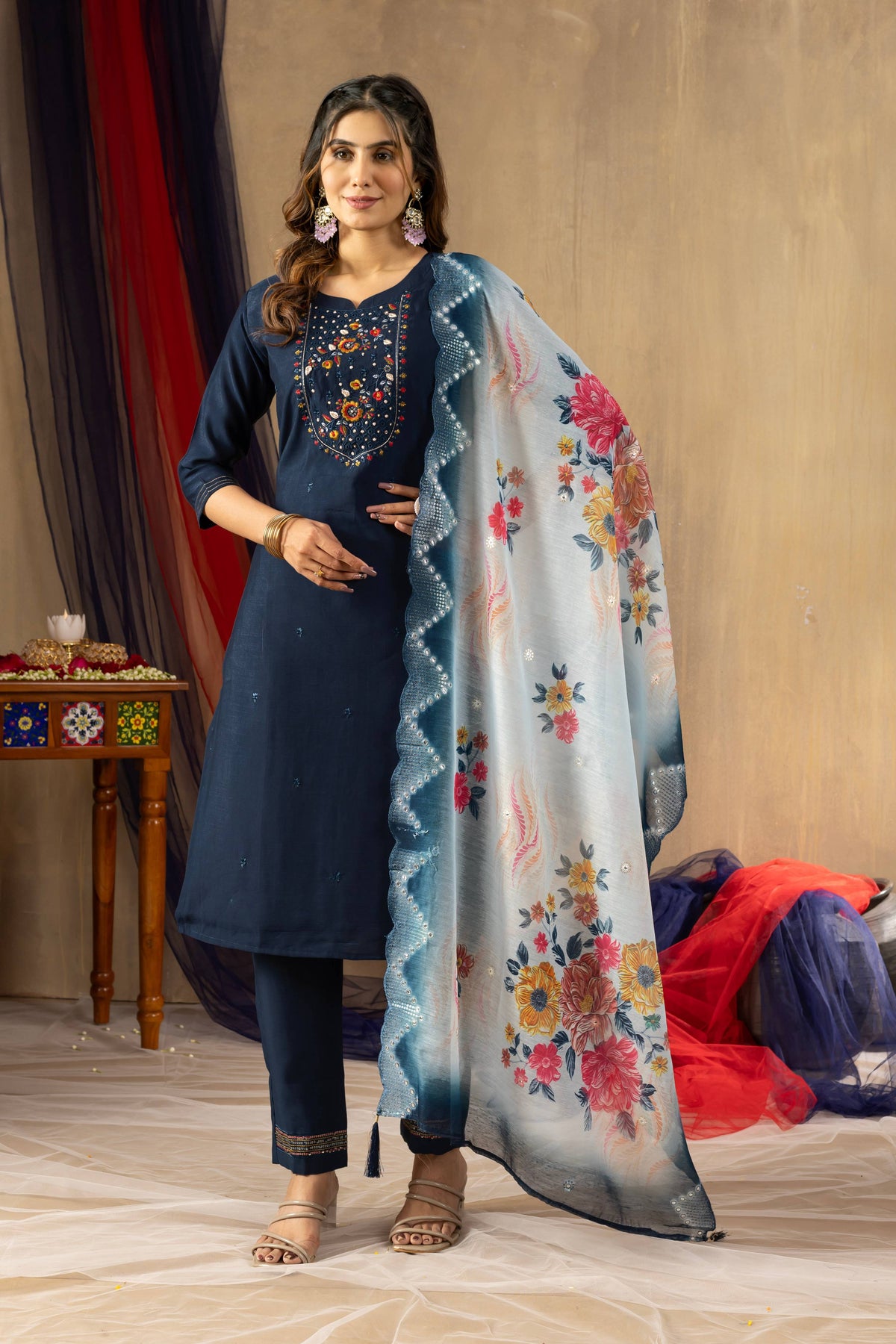 Sonakshi Women's Navy Blue Viscose Mango Silk Multi Embroidered Sequins With Hand Work Kurta Set With Dupatta