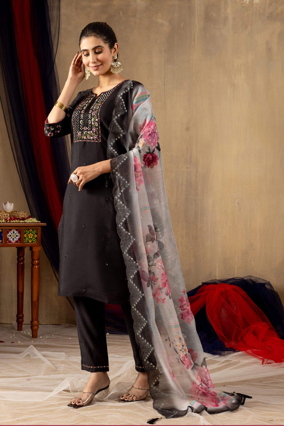 Sonakshi Women's Black Roman Silk Multi Embroidered Sequins With Hand Work Kurta Set With Dupatta