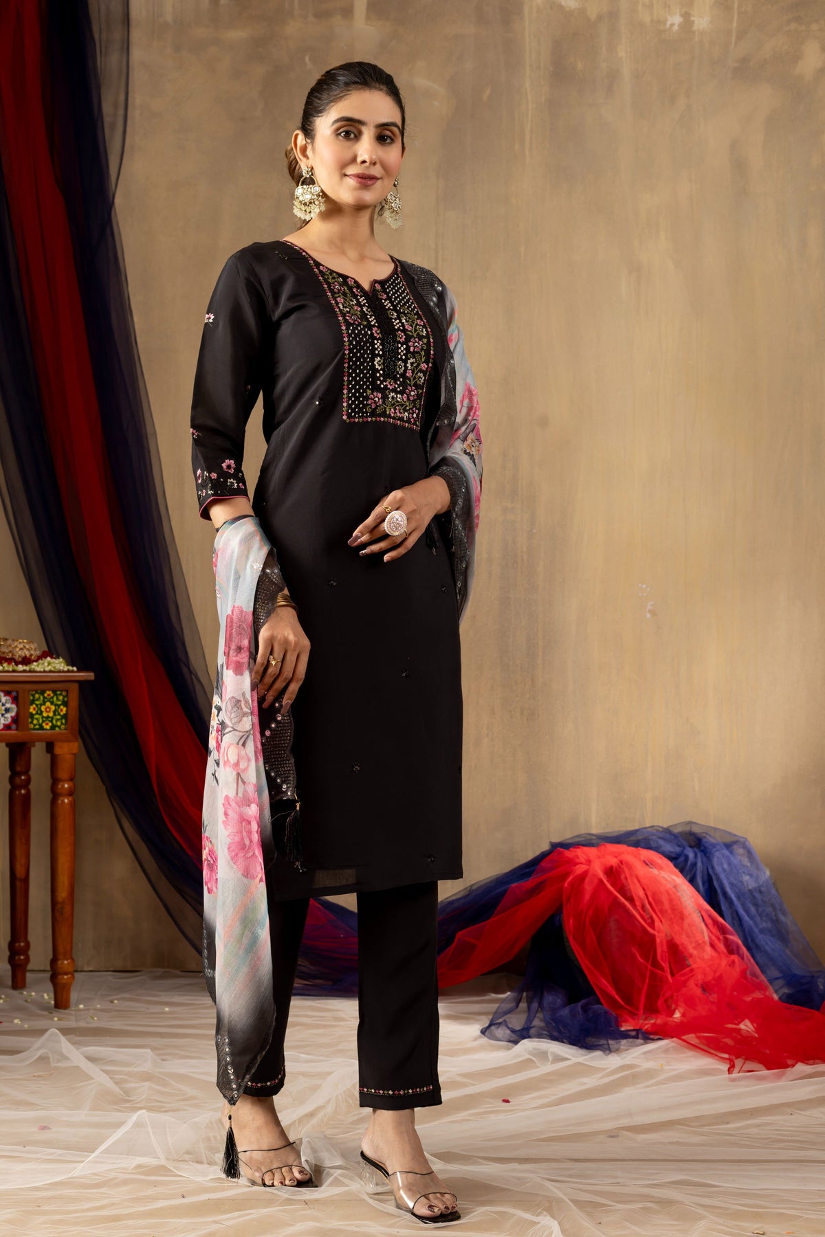 Sonakshi Women's Black Roman Silk Multi Embroidered Sequins With Hand Work Kurta Set With Dupatta