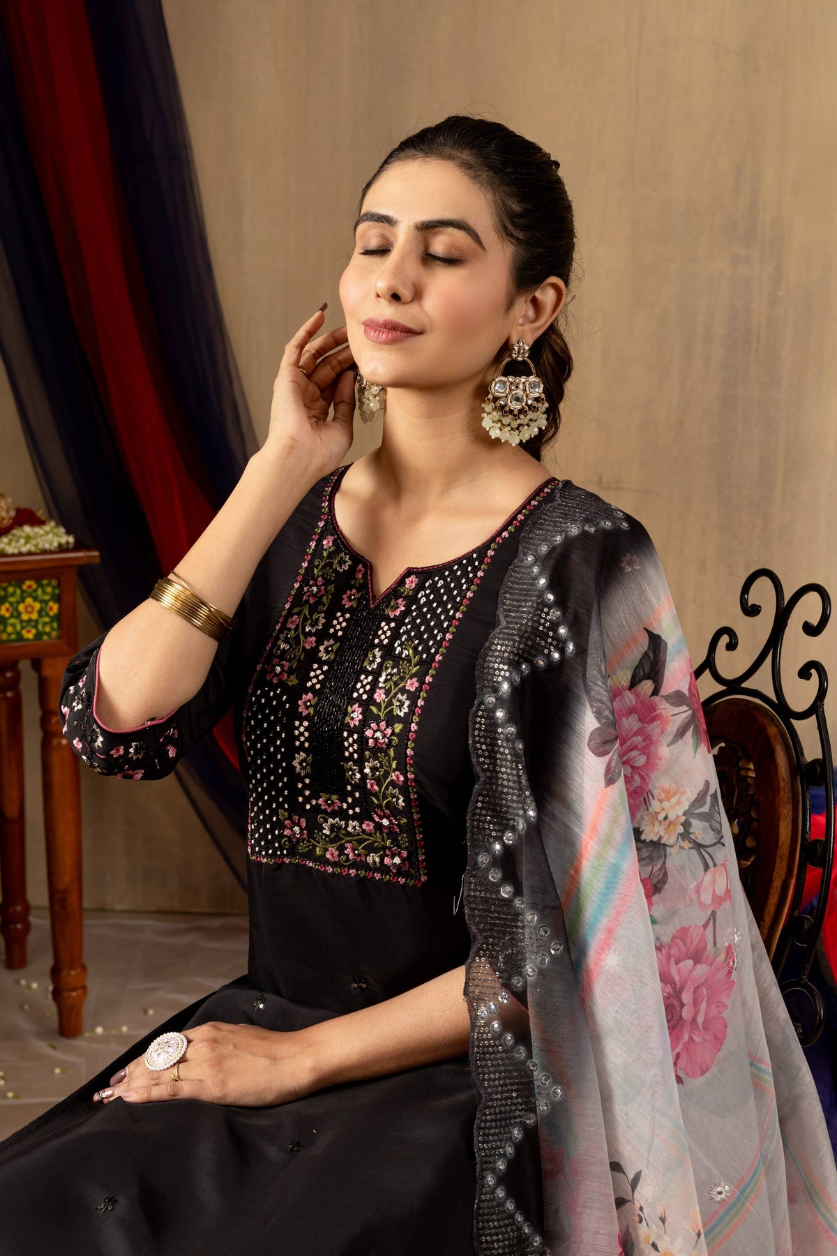 Sonakshi Women's Black Roman Silk Multi Embroidered Sequins With Hand Work Kurta Set With Dupatta