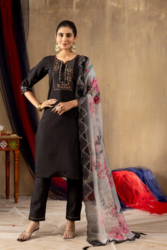 Sonakshi Women's Black Roman Silk Multi Embroidered Sequins With Hand Work Kurta Set With Dupatta