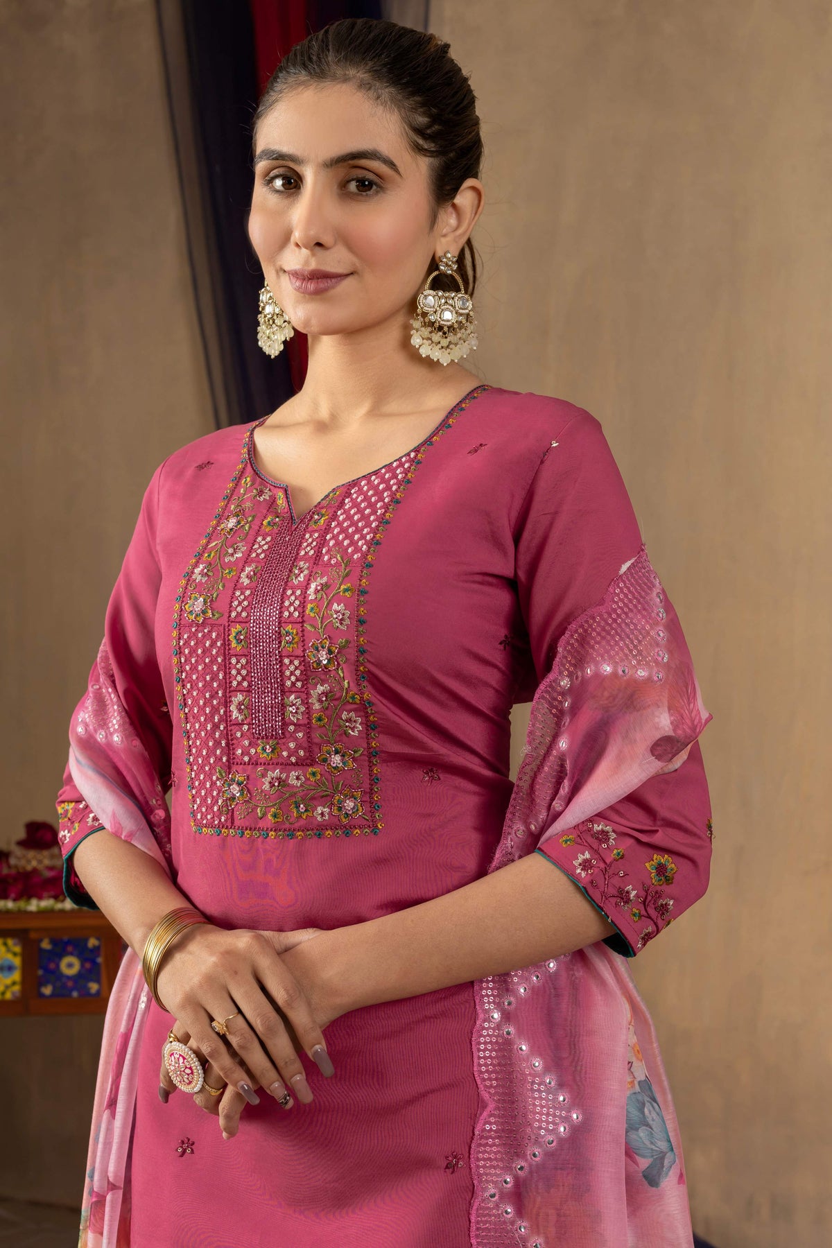 Sonakshi Women's Pink Roman Silk Multi Embroidered Sequins With Hand Work Kurta Set With Dupatta