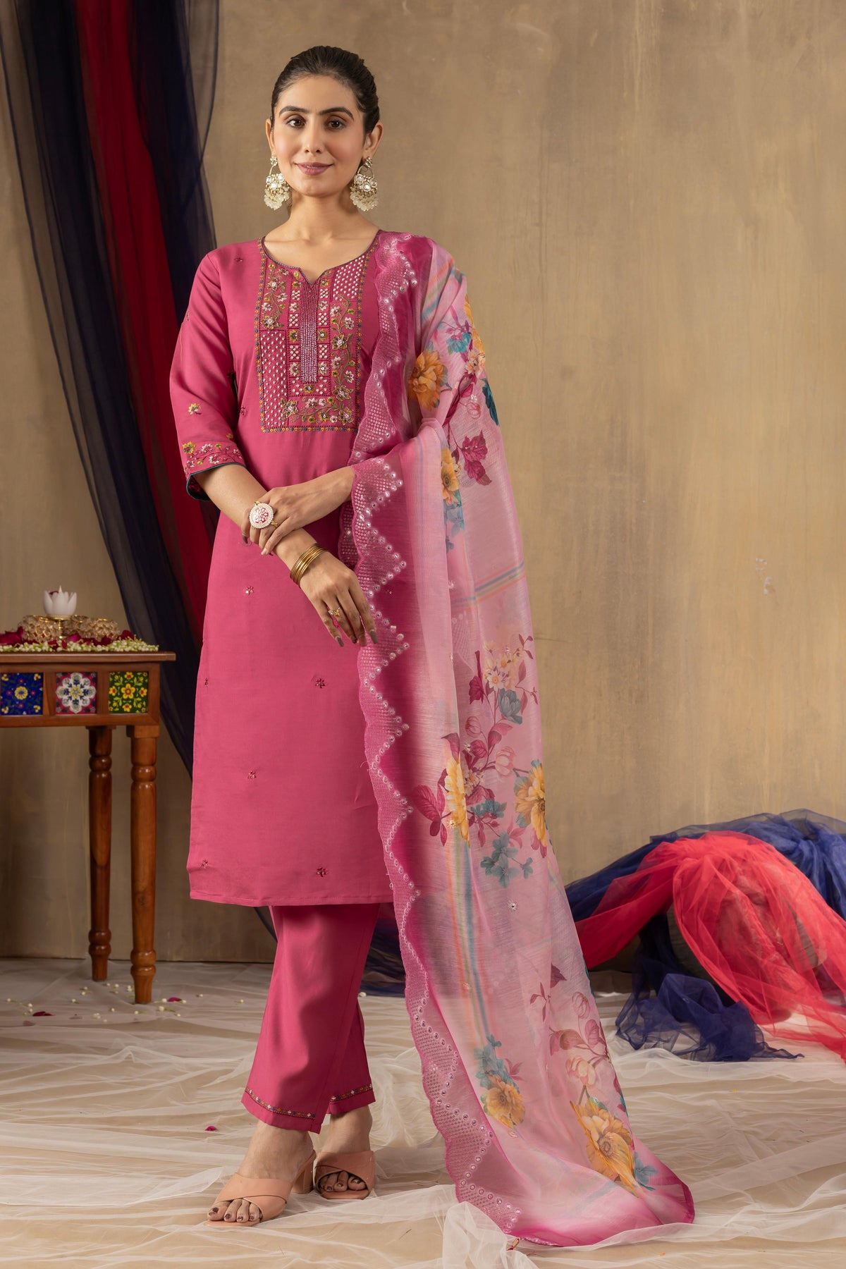 Sonakshi Women's Pink Roman Silk Multi Embroidered Sequins With Hand Work Kurta Set With Dupatta